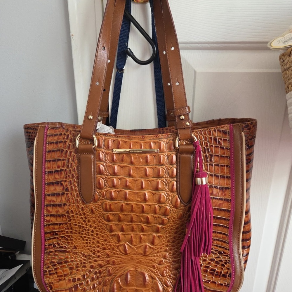Brahmin Brown and Pink Crocodile Embossed Tote with matching wallet